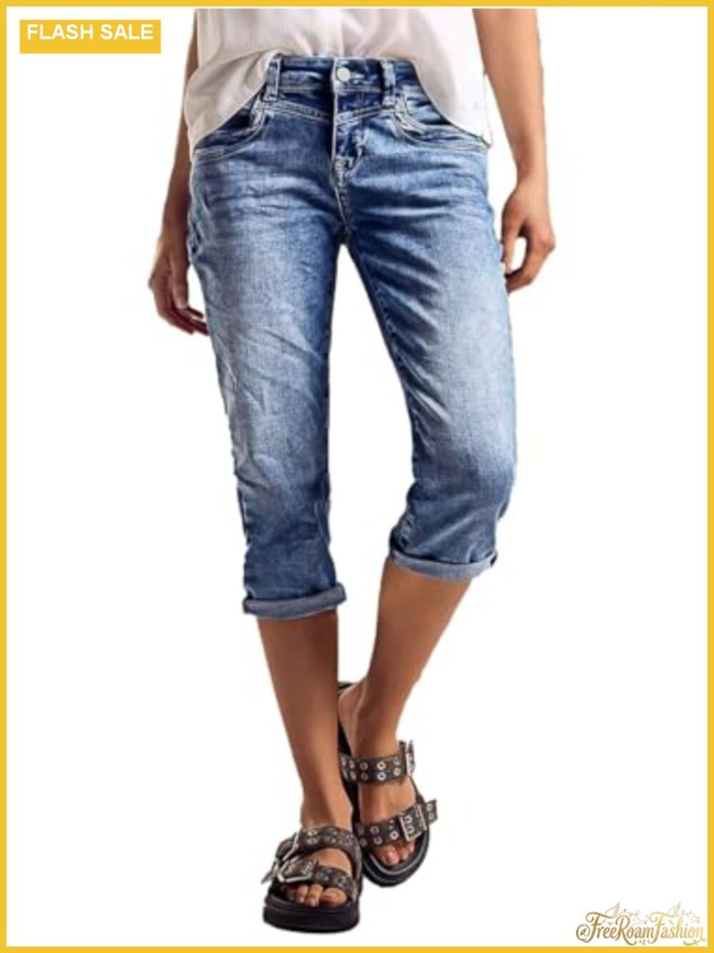 High Rise Straight Leg Capri Jeans Women's Stretch Denim Capris Roll Hem
